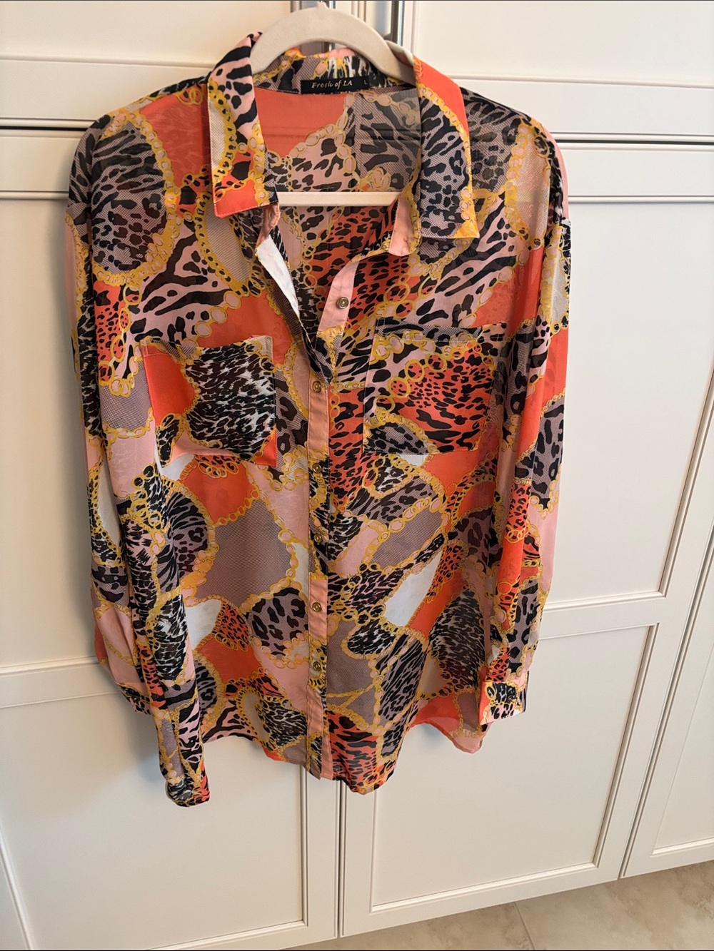 Womens Printed Button-Up Blouse - Pink & Orange Animal Chain Print
